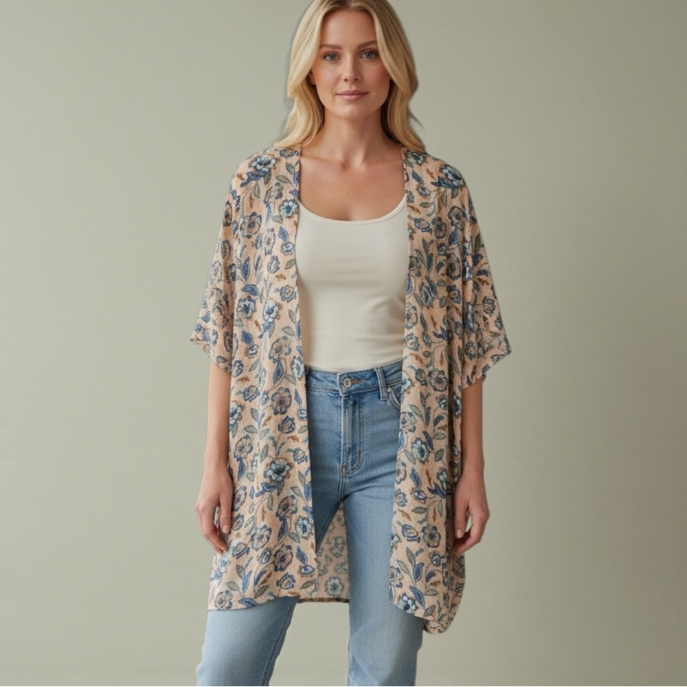 Sonoma Floral Swim Cover-Up | Blue & Peach Kimono Style | One Size